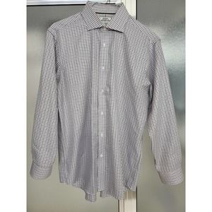 Jos A. Bank Non-Iron Tailored Fit White, Blue & Brown Plaid Button Up 16 1/2-34